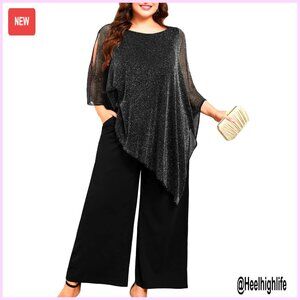 Plus Size Pant Suit Set Asymmetric Cape Top Wide Leg Pants Formal Wedding Guest